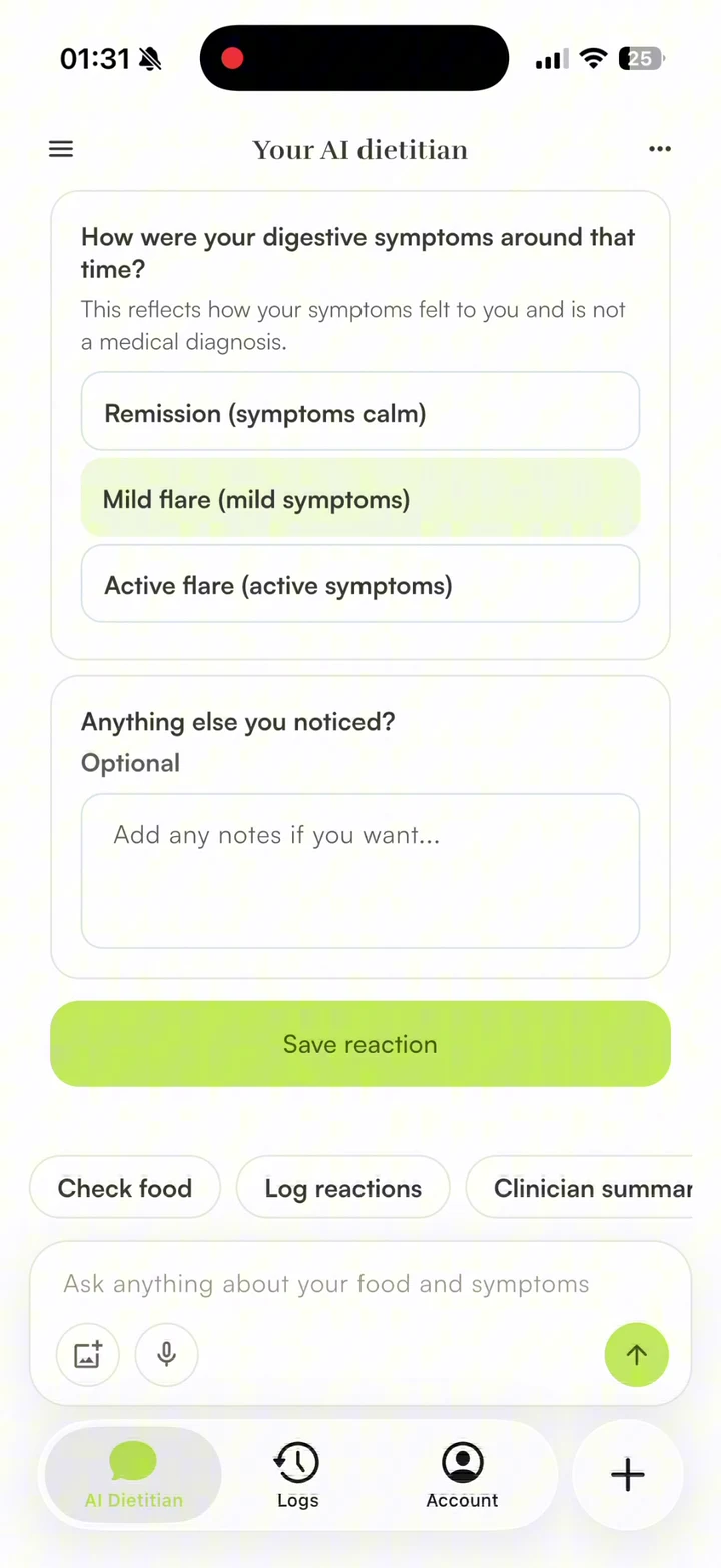 Hara showing meal selection and the reaction logging form