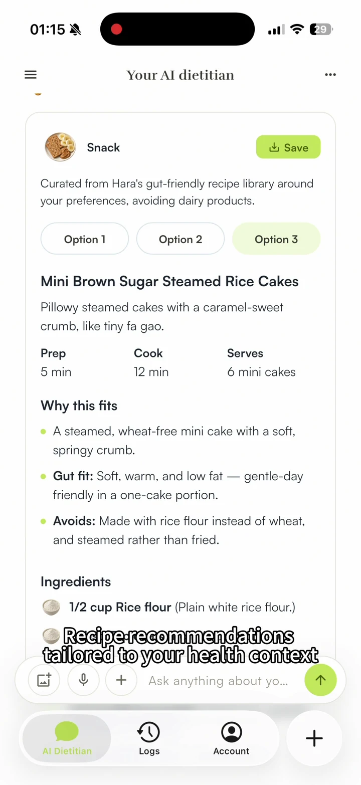 Hara recipe recommendations with options, cooking time and ingredients