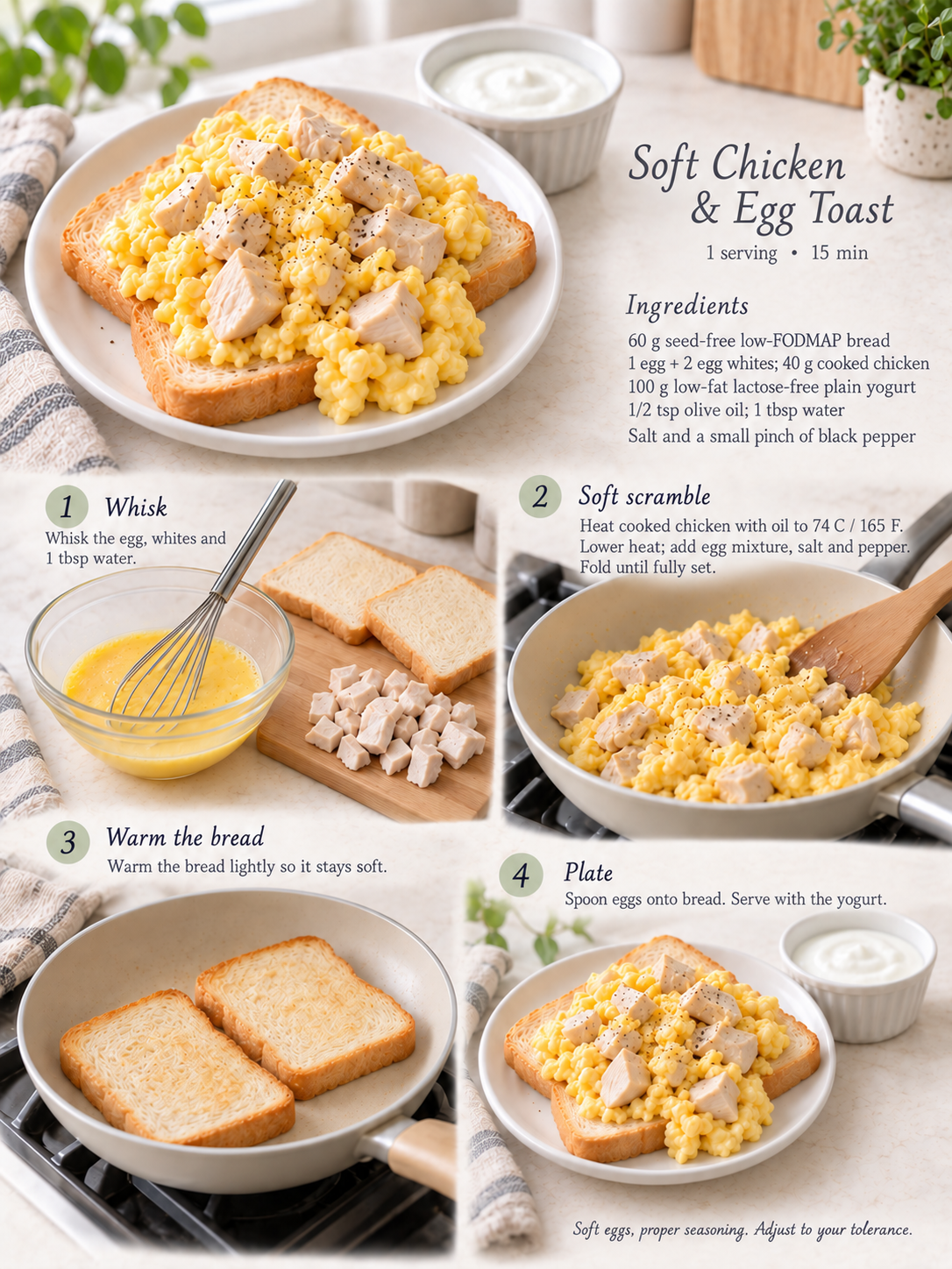 Soft scrambled egg and chicken on toast