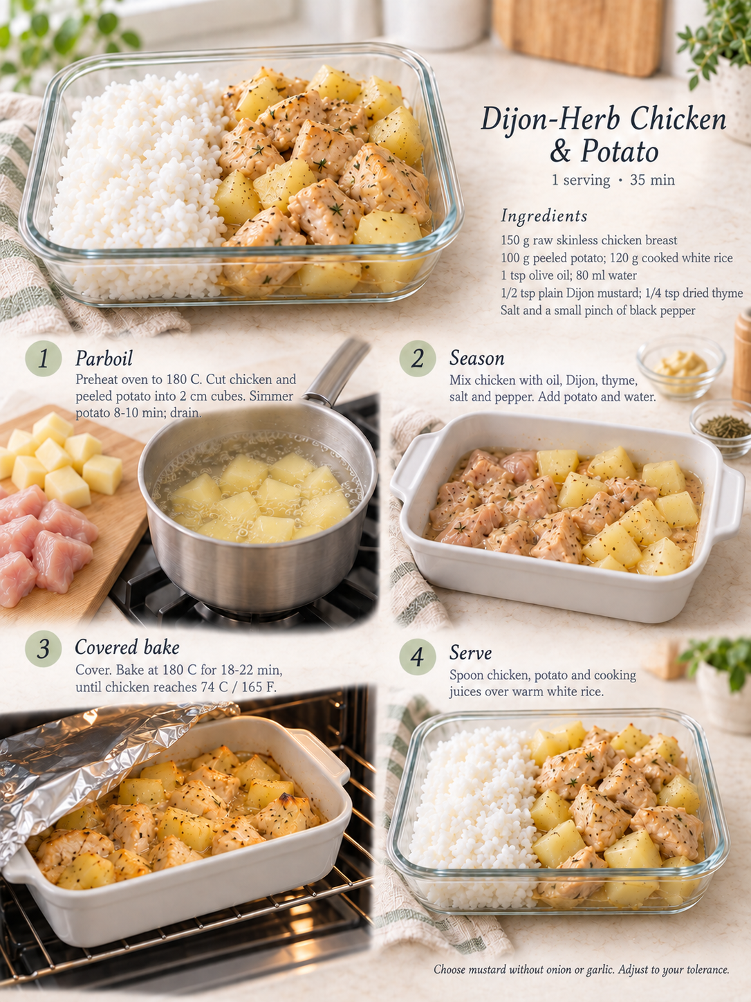 Herb chicken, peeled potato and white rice