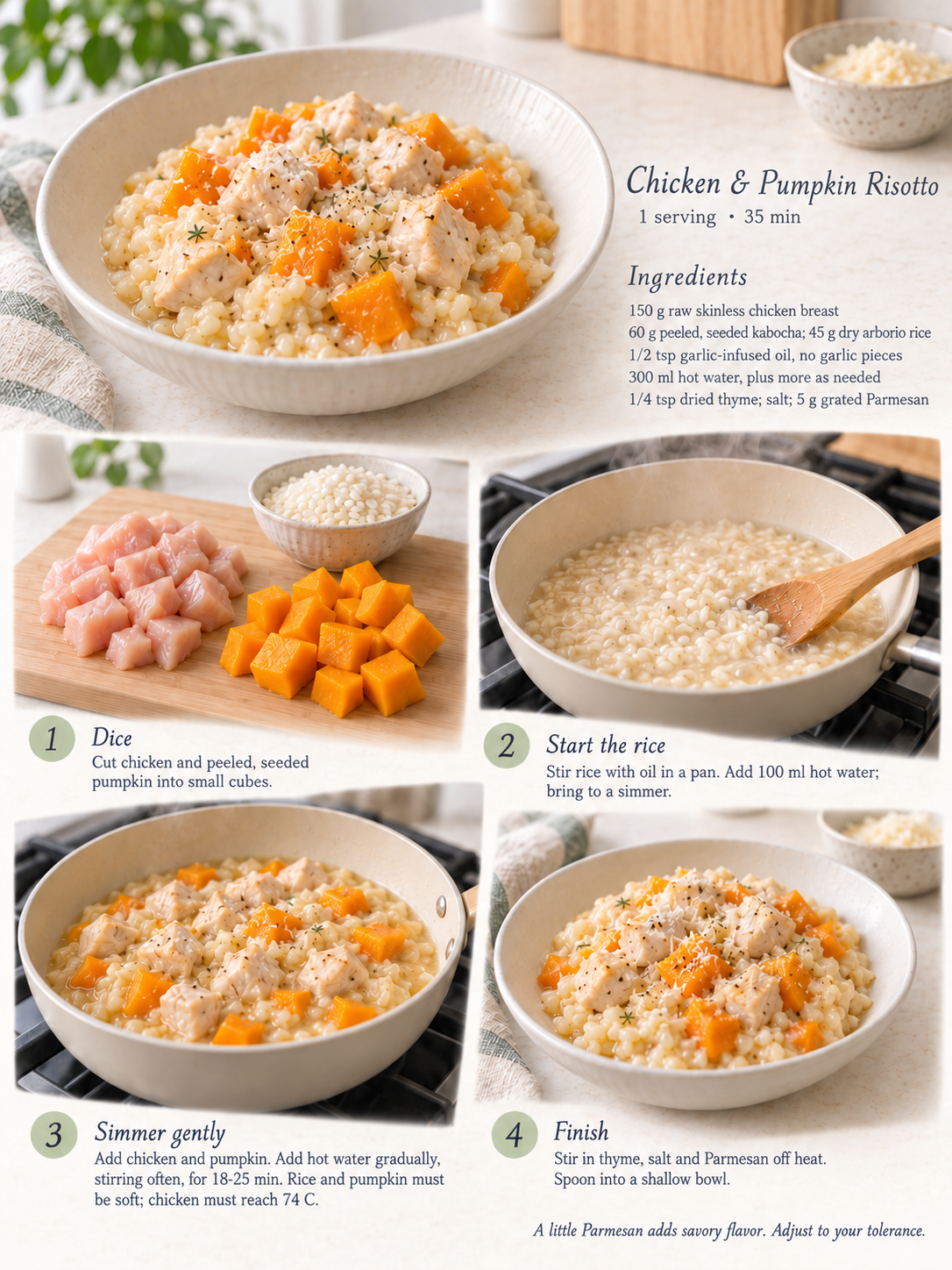 Chicken and pumpkin rice skillet in a shallow bowl