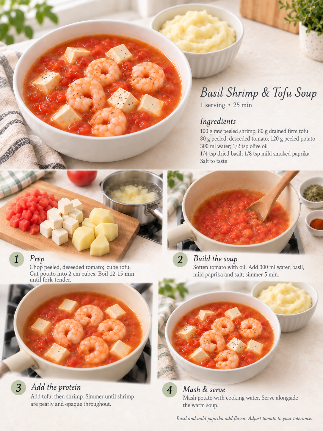 Shrimp, tofu and tomato soup with mashed potato
