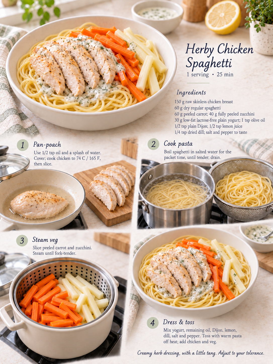 Herby chicken spaghetti with soft carrot and zucchini