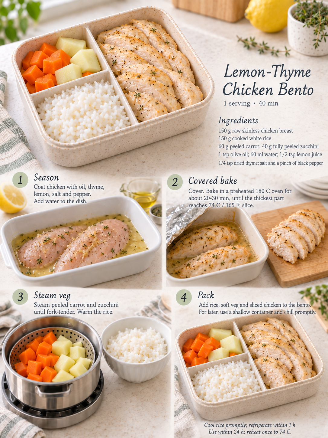 Chicken, rice and soft vegetables in a bento box